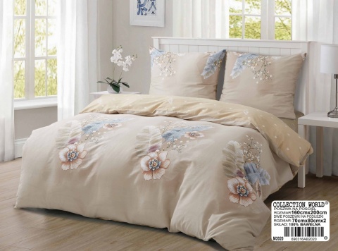 Collection World Pościel bawełniana kwiaty pióra romantyczna beżowa 160x200 komplet 3-częściowy M2020