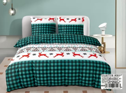 Collection World Pościel bawełniana świąteczna w renifery zimowa zielona kratka 200x220 cm komplet pościeli 3-częściowy M2026
