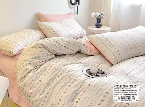 Collection World Pościel bawełniana w subtelny wzór pasów i kwiatów jasna 200x220 cm komplet pościeli 3-częściowy M1671