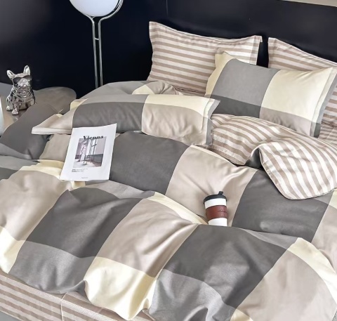 Collection World Pościel bawełniana kratka patchwork neutralna beżowa 200x220 komplet 3-częściowy M2014