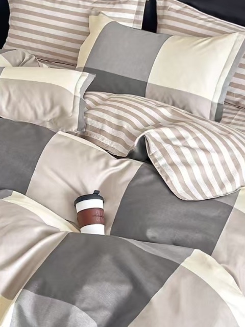 Collection World Pościel bawełniana kratka patchwork neutralna beżowa 200x220 komplet 3-częściowy M2014