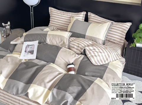 Collection World Pościel bawełniana kratka patchwork neutralna beżowa 200x220 komplet 3-częściowy M2014