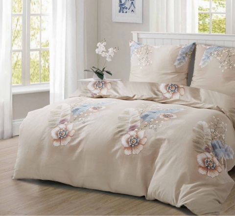 Collection World Pościel bawełniana kwiaty pióra beżowa stylowa 200x220 komplet 3-częściowy M2020
