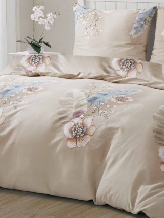 Collection World Pościel bawełniana kwiaty pióra beżowa stylowa 200x220 komplet 3-częściowy M2020