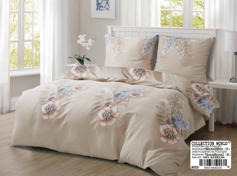 Collection World Pościel bawełniana kwiaty pióra beżowa stylowa 200x220 komplet 3-częściowy M2020