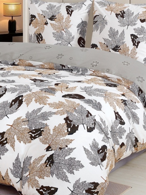 Collection World Pościel bawełniana liście jesienne szaro beżowa klasyczna 200x220 komplet 3-częściowy M2021