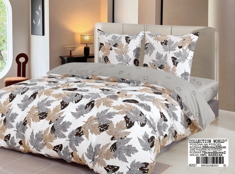 Collection World Pościel bawełniana liście jesienne szaro beżowa klasyczna 200x220 komplet 3-częściowy M2021