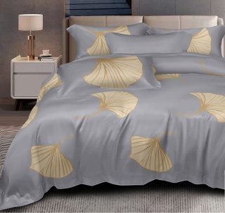 Collection World Pościel bawełniana szara w złote liście miłorzębu 200x220 cm komplet pościeli 3-częściowy M2035