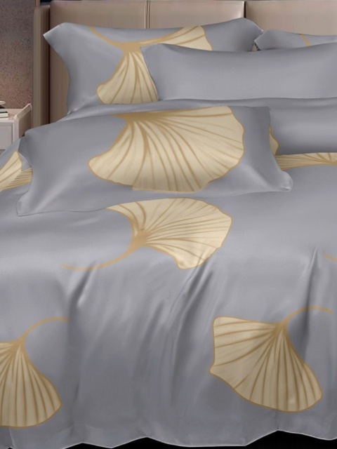 Collection World Pościel bawełniana szara w złote liście miłorzębu 200x220 cm komplet pościeli 3-częściowy M2035