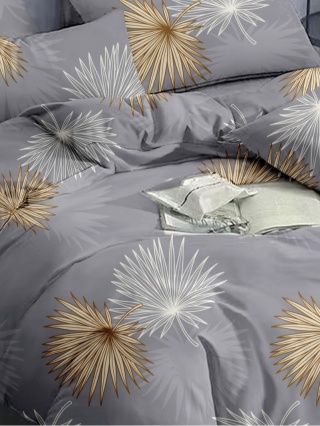 Collection World Pościel bawełniana szara w złote liście 200x220 cm komplet pościeli 3-częściowy M2036