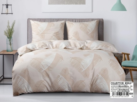 Collection World Pościel bawełniana w naturalny wzór liści jasna 200x220 cm komplet pościeli 3-częściowy M2045