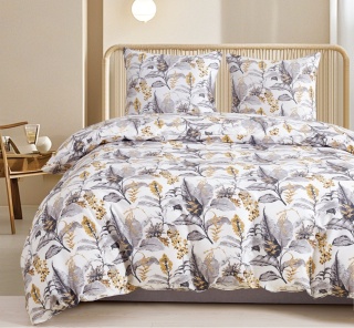 Collection World Pościel bawełniana w stylowe liście szaro-złota 200x220 cm komplet pościeli 3-częściowy M2053