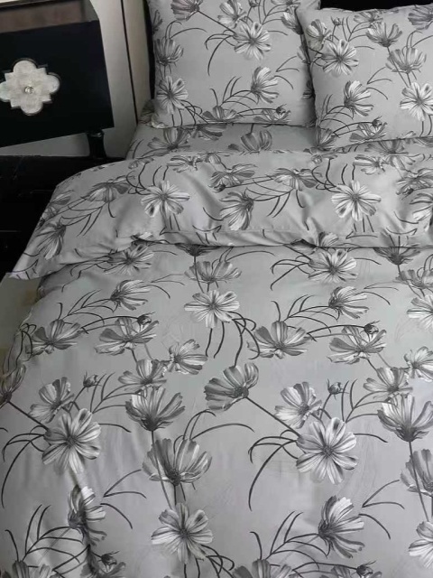 Collection World Pościel bawełniana w szare kwiaty 200x220 cm komplet pościeli 3-częściowy M2055