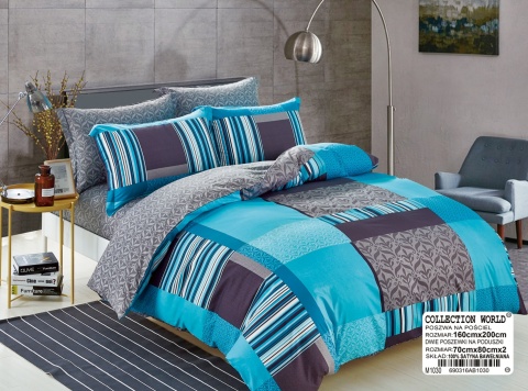 Collection World Pościel bawełniana w nowoczesny patchwork turkusowo-granatowa 180x200 cm komplet pościeli 3-częściowy M1030