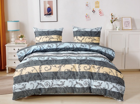 Collection World Pościel bawełniana pasy ornament elegancka beż niebieski 180x200 komplet 3-częściowy M1590