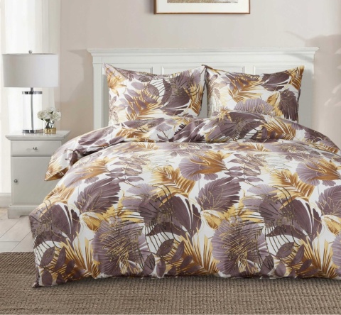 Collection World Pościel bawełniana liście duże brązowo-złote dekoracyjna 160x200 cm komplet pościeli 3-częściowy M2070