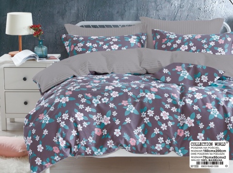 Collection World Pościel bawełniana kwiaty drobne szaro-fioletowa elegancka 160x200 cm komplet 3-częściowy M1558
