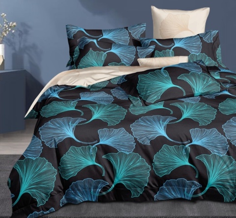 Collection World Pościel bawełniana liście ginkgo czarna elegancka nowoczesna 200x220 cm komplet pościeli 3-częściowy M1972