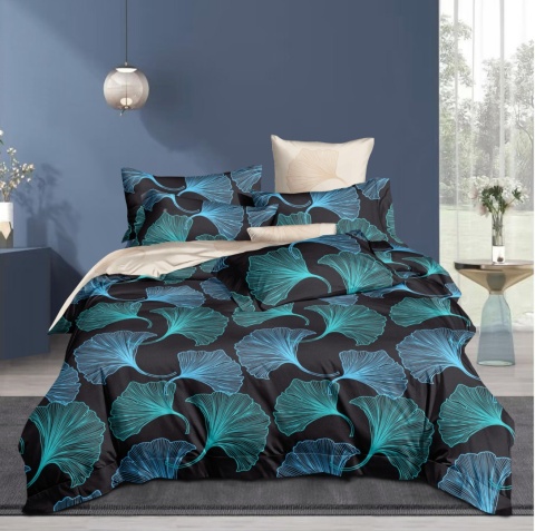 Collection World Pościel bawełniana liście ginkgo czarna elegancka nowoczesna 200x220 cm komplet pościeli 3-częściowy M1972