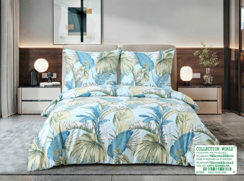 Collection World Pościel bawełniana liście palma niebieska tropikalna 160x200 komplet 3-częściowy M1605