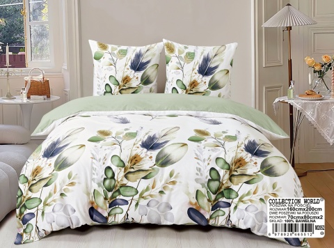 Collection World Pościel bawełniana liście i pióra zielona naturalna 160x200 cm komplet pościeli 3-częściowy M2052