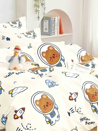 Collection World Pościel bawełniana miś kosmonauta dziecięca kremowa rakiety 160x200 cm komplet pościeli 3-częściowy M1598
