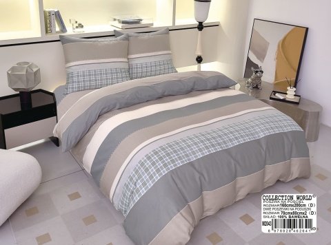 Collection World Pościel bawełniana pasy kratka szara beżowa klasyczna 200x220 cm komplet 3-częściowy M2043