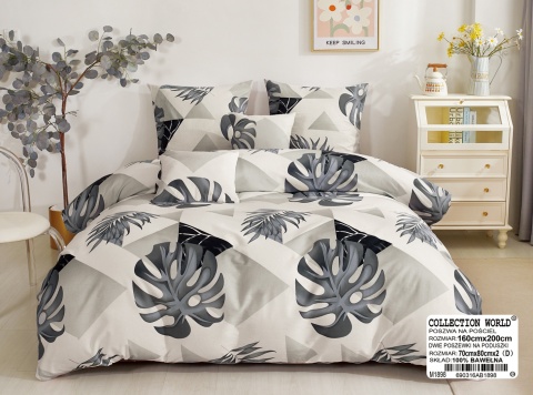 Collection World Pościel bawełniana monstera geometryczna szaro beżowa 200x220 komplet 3-częściowy #M1898
