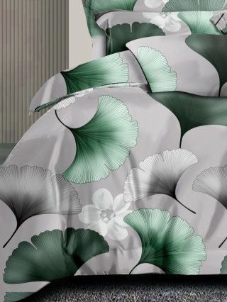 Collection World Pościel bawełniana liście miłorząb zielona elegancka 200x220 cm komplet 3-częściowy M2030