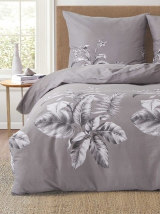 Collection World Pościel bawełniana w szare liście 200x220 cm komplet pościeli 3-częściowy M2037