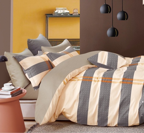 Collection World Pościel bawełniana pasy nowoczesna beżowo-szara z gwiazdkami 160x200 cm komplet pościeli 3-częściowy M1519