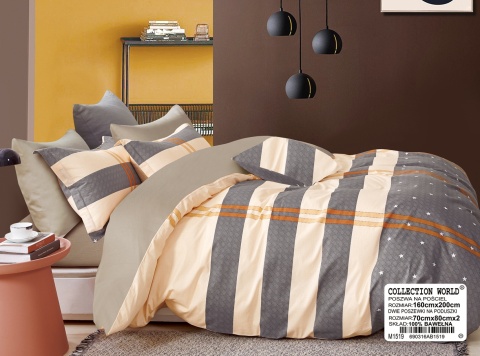 Collection World Pościel bawełniana pasy nowoczesna beżowo-szara z gwiazdkami 160x200 cm komplet pościeli 3-częściowy M1519