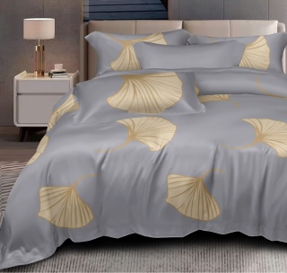 Collection World Pościel bawełniana szara w złote liście miłorzębu 160x200 cm komplet pościeli 3-częściowy M2035