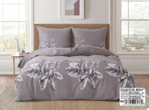 Collection World Pościel bawełniana w szare liście 160x200 cm komplet pościeli 3-częściowy M2037