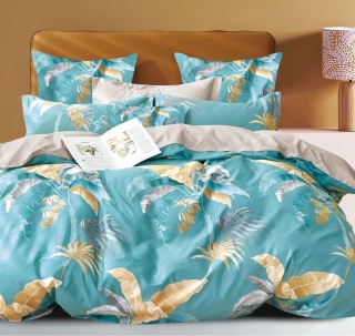 Collection World Pościel bawełniana złote liście tropikalne turkusowa premium 160x200 cm komplet pościeli 3-częściowy M1560