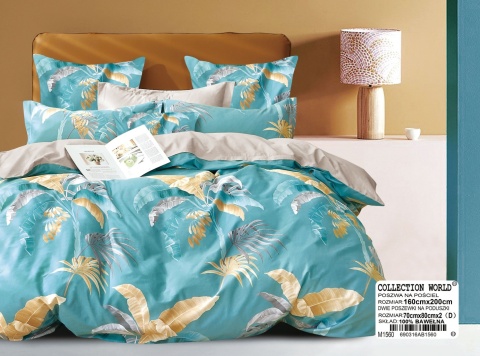 Collection World Pościel bawełniana złote liście tropikalne turkusowa premium 160x200 cm komplet pościeli 3-częściowy M1560